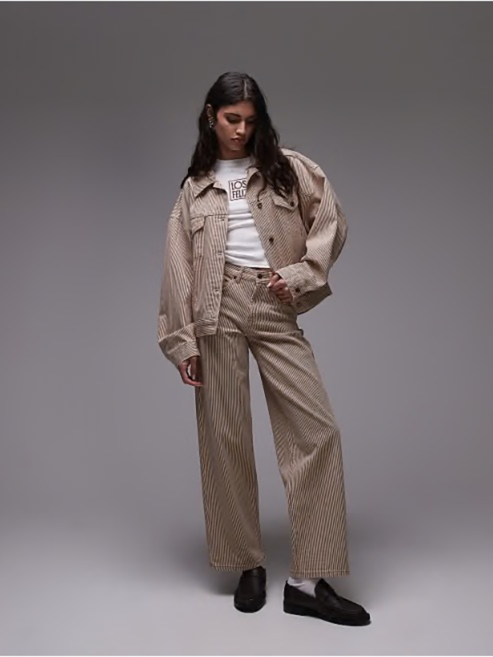 Topshop cinch low rise relaxed jeans in tan stripe